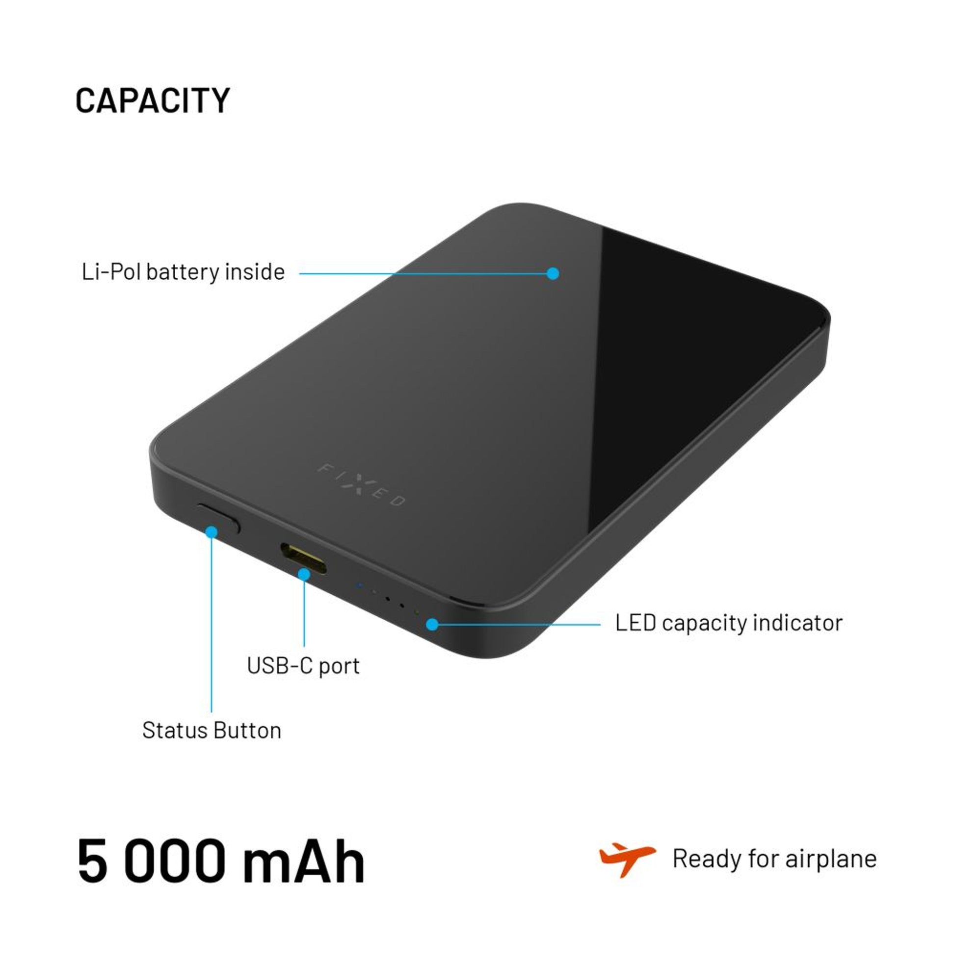 Powerbanka FIXED MagZen 5 Crystal s bezdrátovým nabíjením se standardem Qi2 a podporou MagSafe, 5 000 mAh, černá - FIXED