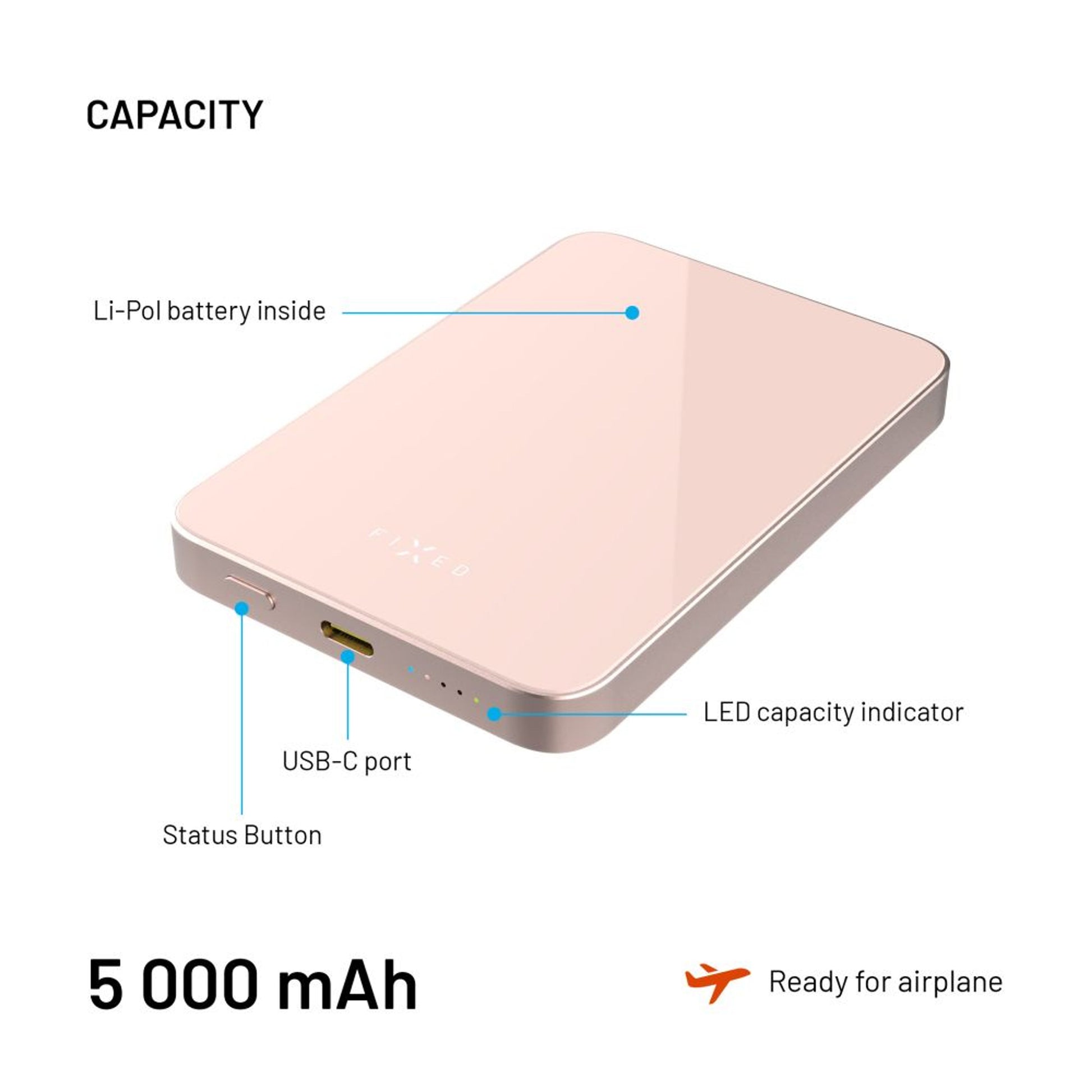 Powerbanka FIXED MagZen 5 Crystal s bezdrátovým nabíjením se standardem Qi2 a podporou MagSafe, 5 000 mAh, růžová - FIXED