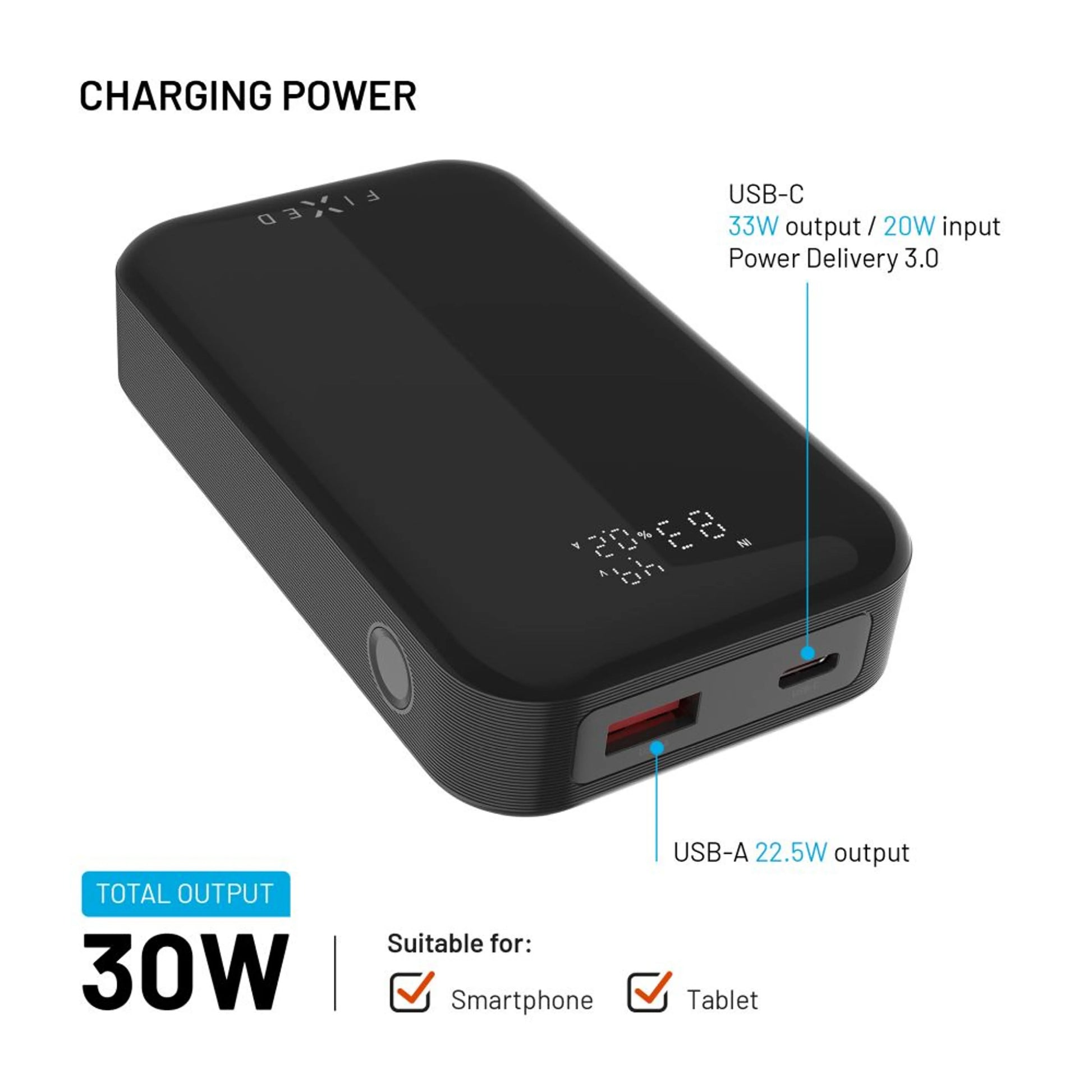 Powerbanka FIXED Zen 10 Pro s LCD displejem a výstupem 30W, 10 000 mAh, černá - FIXED