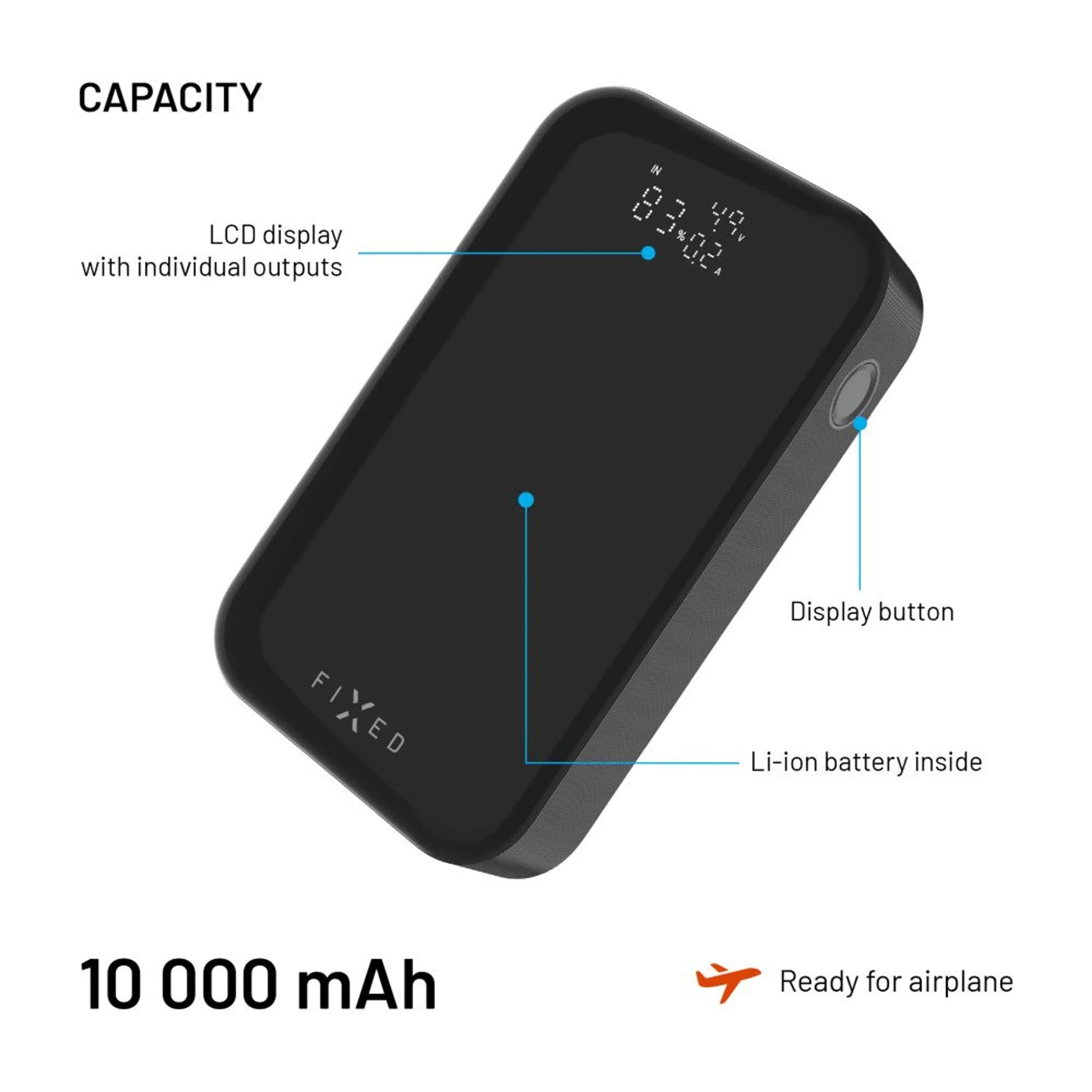 Powerbanka FIXED Zen 10 Pro s LCD displejem a výstupem 30W, 10 000 mAh, černá - FIXED