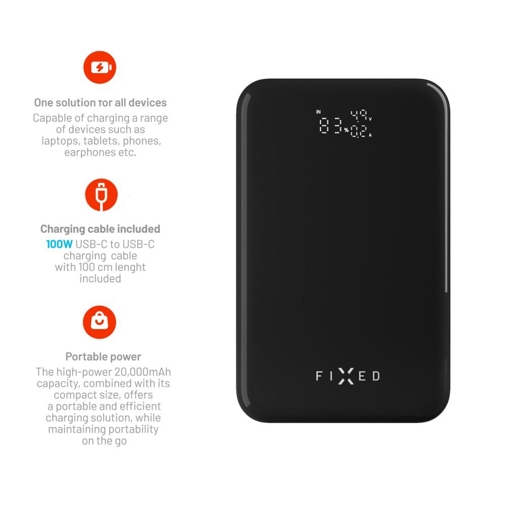 Powerbanka FIXED Zen 20 Pro s LCD displejem a výstupem 130W, 20 000 mAh, černá - FIXED