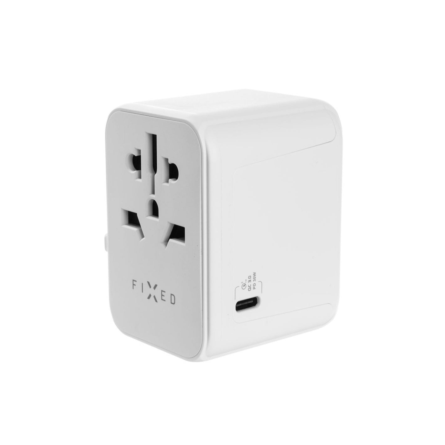 Cestovní adaptér FIXED pro EU, UK a USA/AUS, s 1xUSB-C a 2xUSB výstupem, GaN, PD 30W, bílý,rozbaleno - FIXED