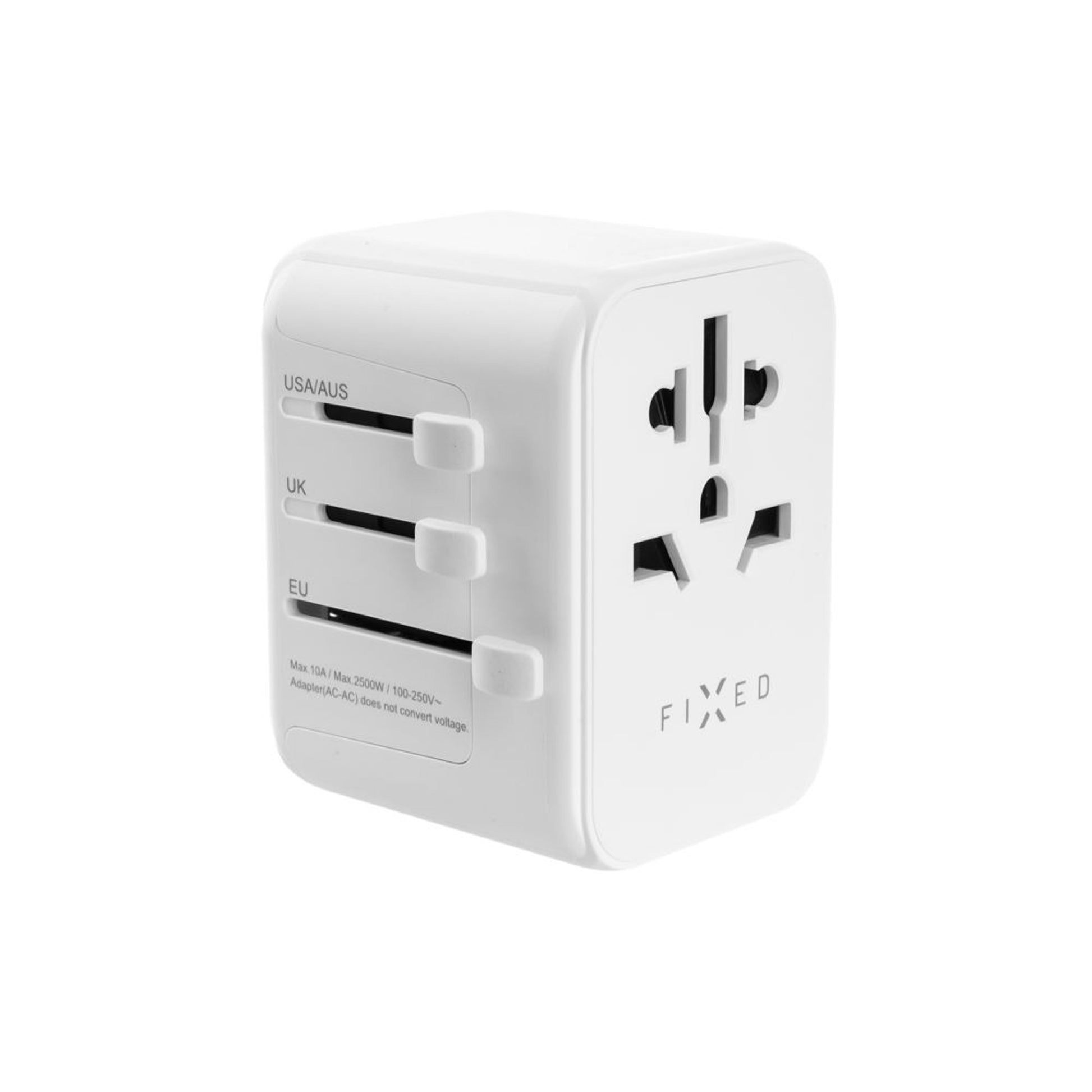 Cestovní adaptér FIXED pro EU, UK a USA/AUS, s 1xUSB-C a 2xUSB výstupem, GaN, PD 30W, bílý,rozbaleno - FIXED