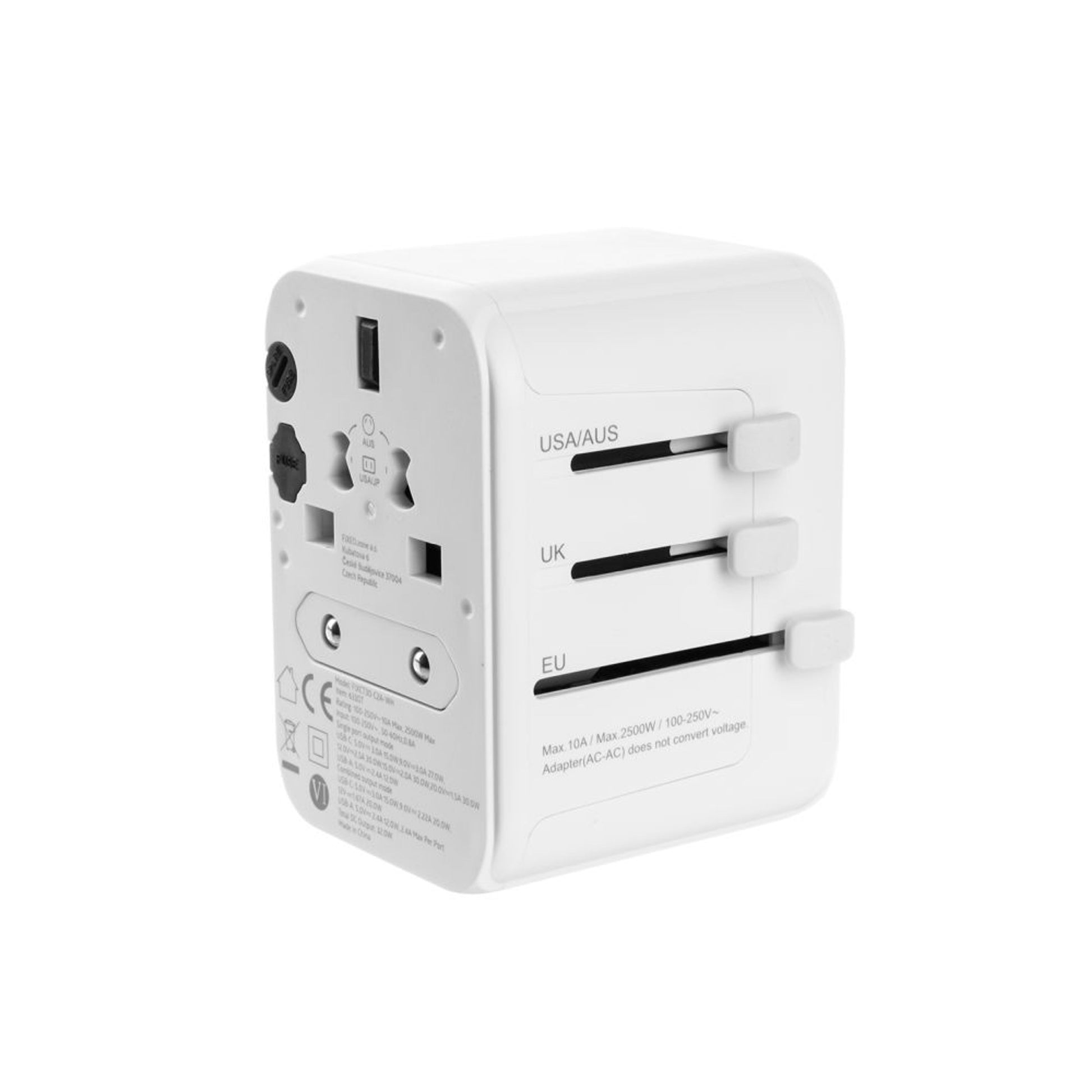 Cestovní adaptér FIXED pro EU, UK a USA/AUS, s 1xUSB-C a 2xUSB výstupem, GaN, PD 30W, bílý,rozbaleno - FIXED