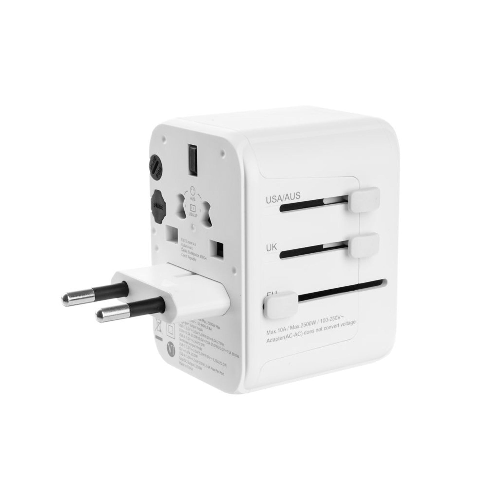 Cestovní adaptér FIXED pro EU, UK a USA/AUS, s 1xUSB-C a 2xUSB výstupem, GaN, PD 30W, bílý,rozbaleno - FIXED