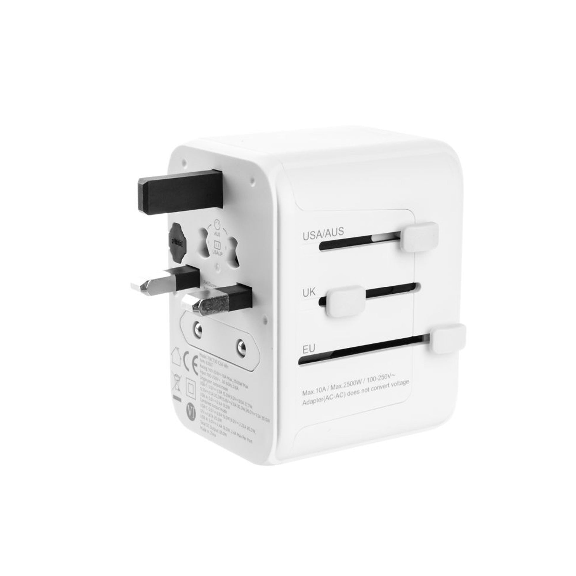 Cestovní adaptér FIXED pro EU, UK a USA/AUS, s 1xUSB-C a 2xUSB výstupem, GaN, PD 30W, bílý,rozbaleno - FIXED