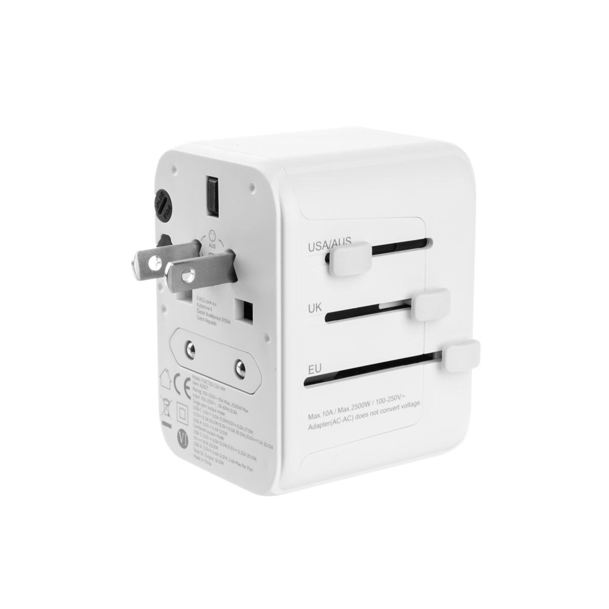 Cestovní adaptér FIXED pro EU, UK a USA/AUS, s 1xUSB-C a 2xUSB výstupem, GaN, PD 30W, bílý,rozbaleno - FIXED