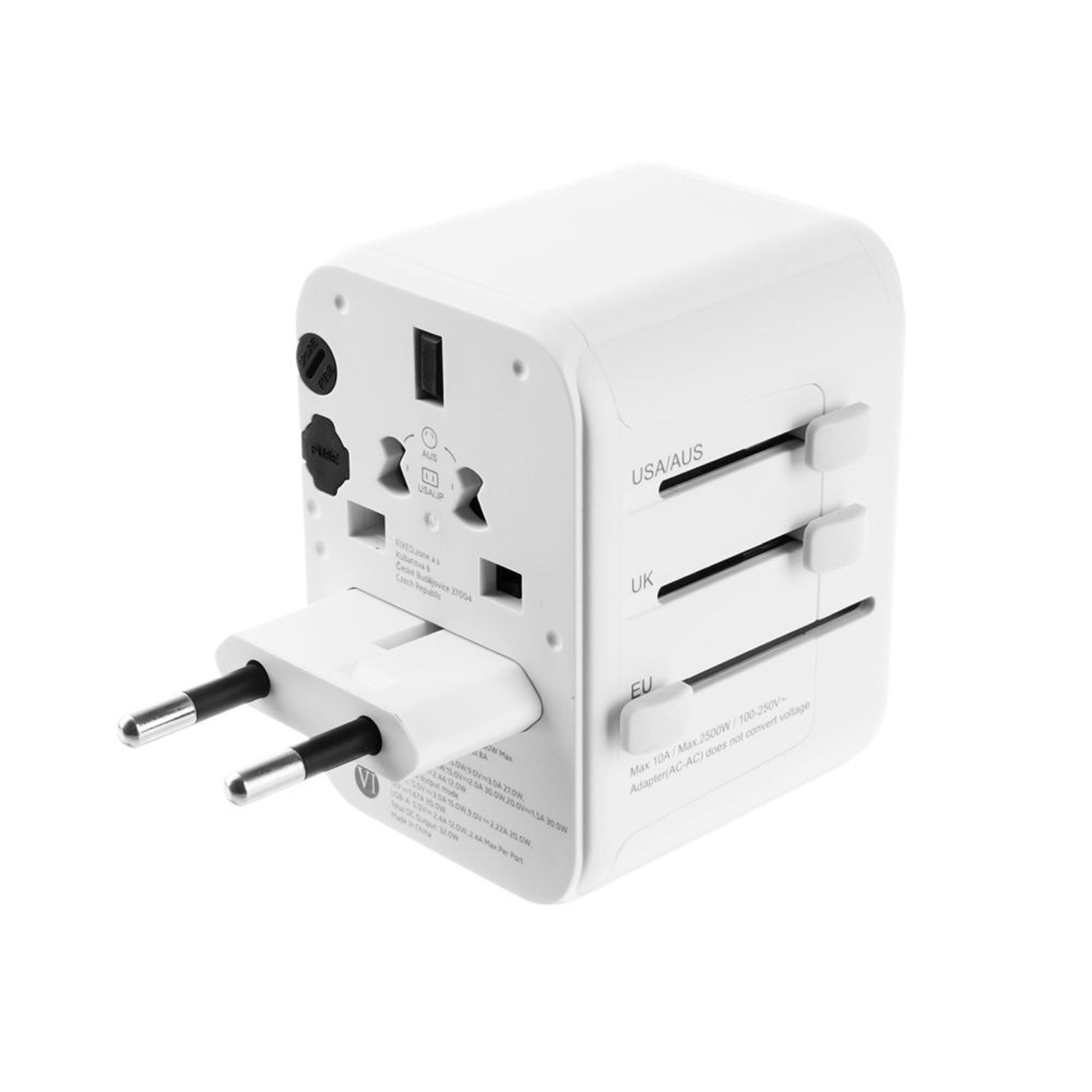 Cestovní adaptér FIXED pro EU, UK a USA/AUS, s 1xUSB-C a 2xUSB výstupem, GaN, PD 30W, bílý,rozbaleno - FIXED