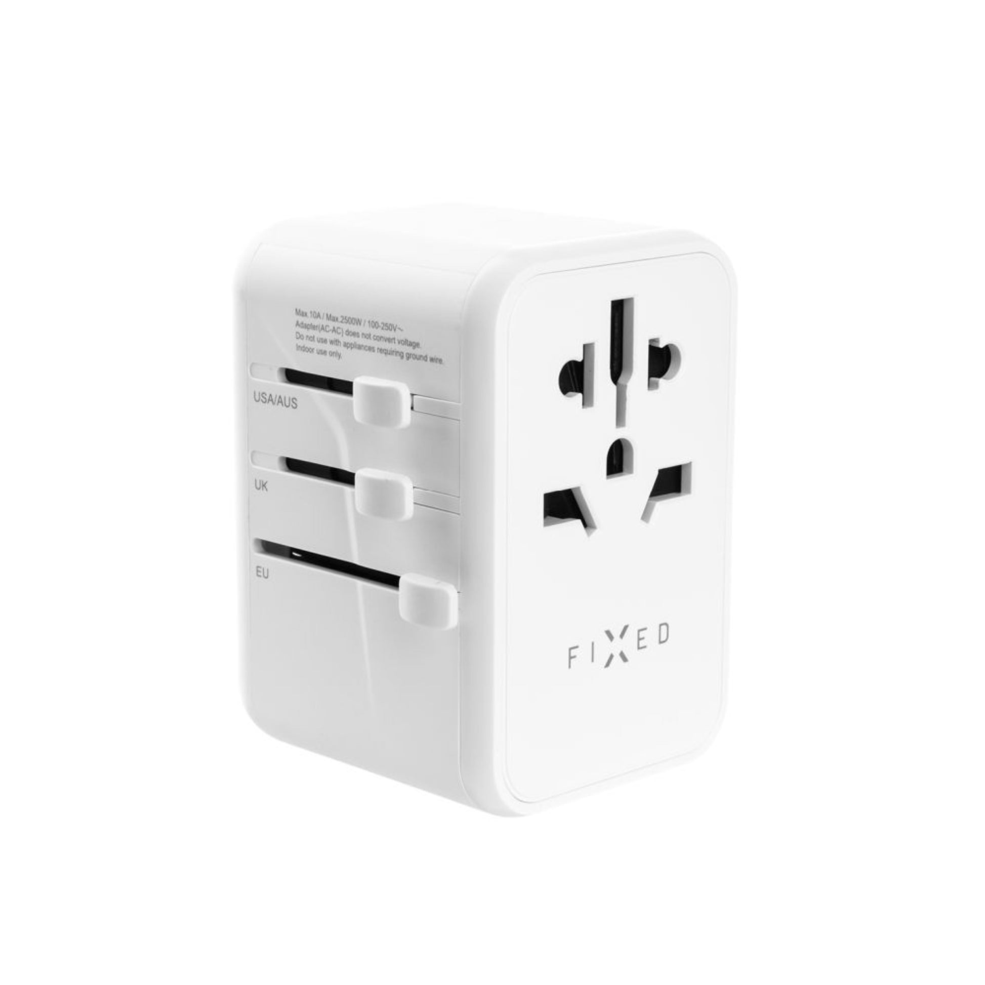 Cestovní adaptér FIXED pro EU, UK a USA/AUS, s 3xUSB-C a 2xUSB výstupem, GaN, PD 65W, bílý,rozbaleno - FIXED