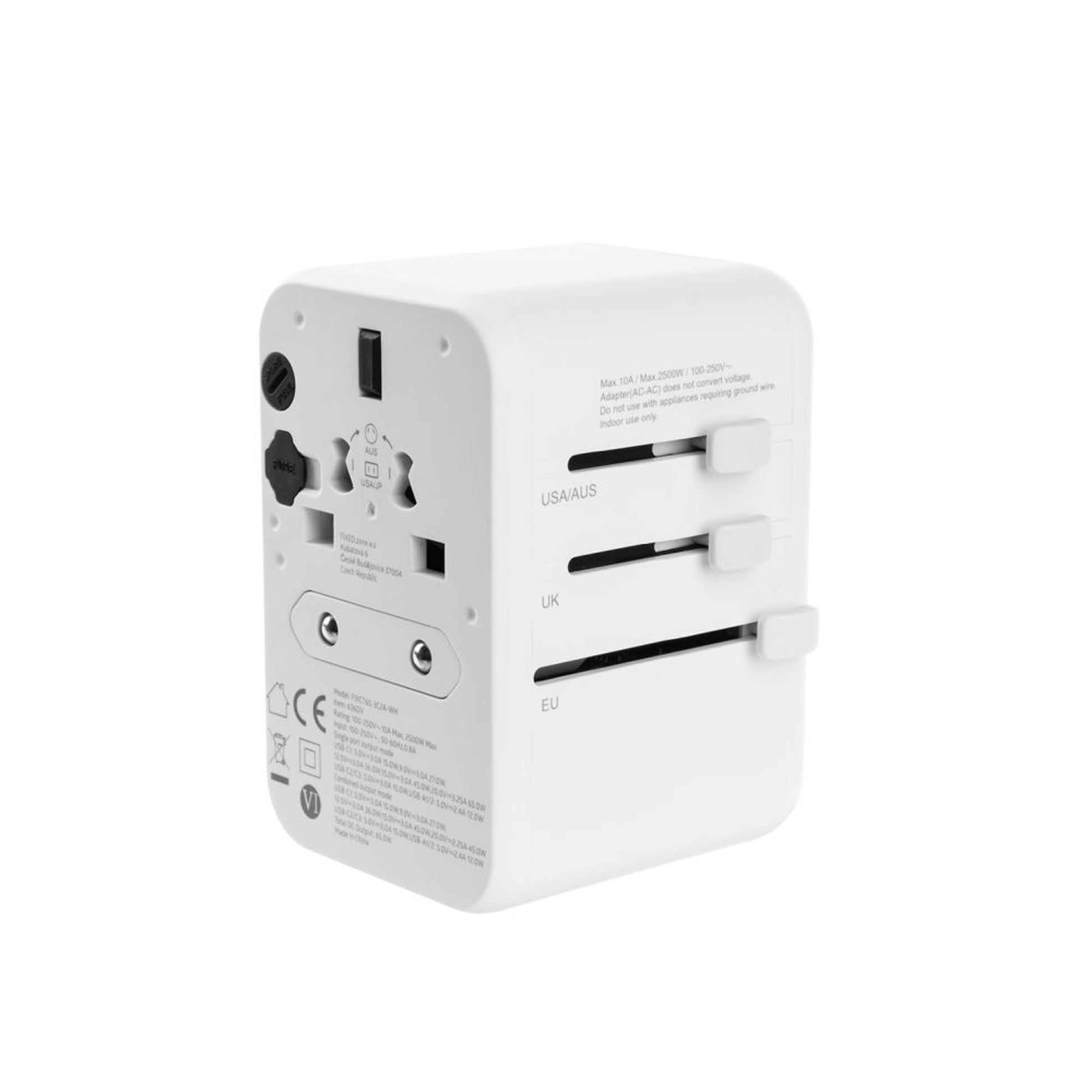 Cestovní adaptér FIXED pro EU, UK a USA/AUS, s 3xUSB-C a 2xUSB výstupem, GaN, PD 65W, bílý,rozbaleno - FIXED