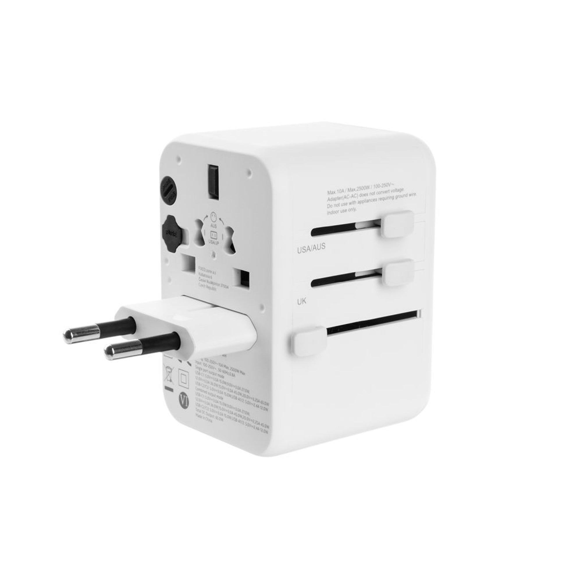 Cestovní adaptér FIXED pro EU, UK a USA/AUS, s 3xUSB-C a 2xUSB výstupem, GaN, PD 65W, bílý,rozbaleno - FIXED