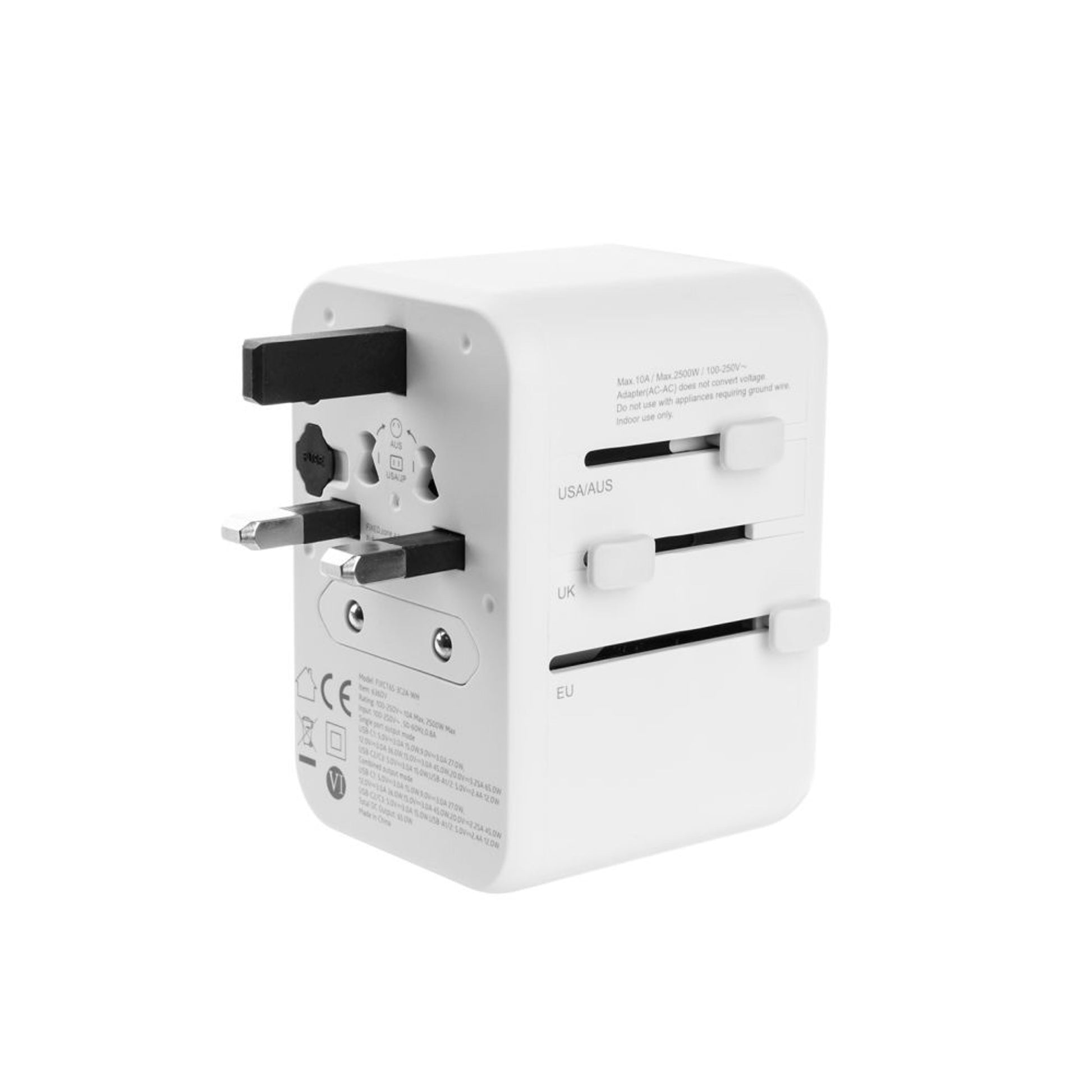 Cestovní adaptér FIXED pro EU, UK a USA/AUS, s 3xUSB-C a 2xUSB výstupem, GaN, PD 65W, bílý,rozbaleno - FIXED