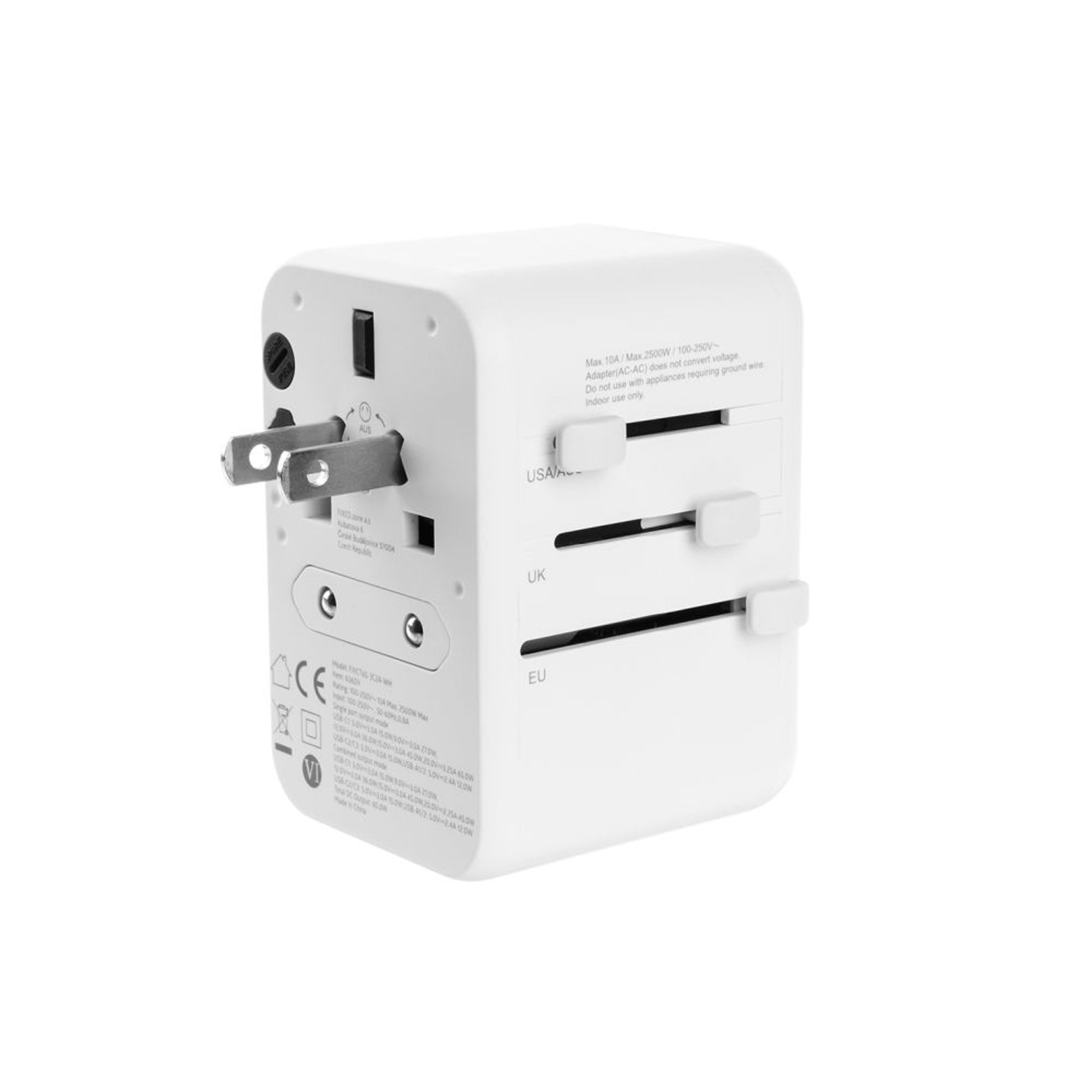 Cestovní adaptér FIXED pro EU, UK a USA/AUS, s 3xUSB-C a 2xUSB výstupem, GaN, PD 65W, bílý,rozbaleno - FIXED