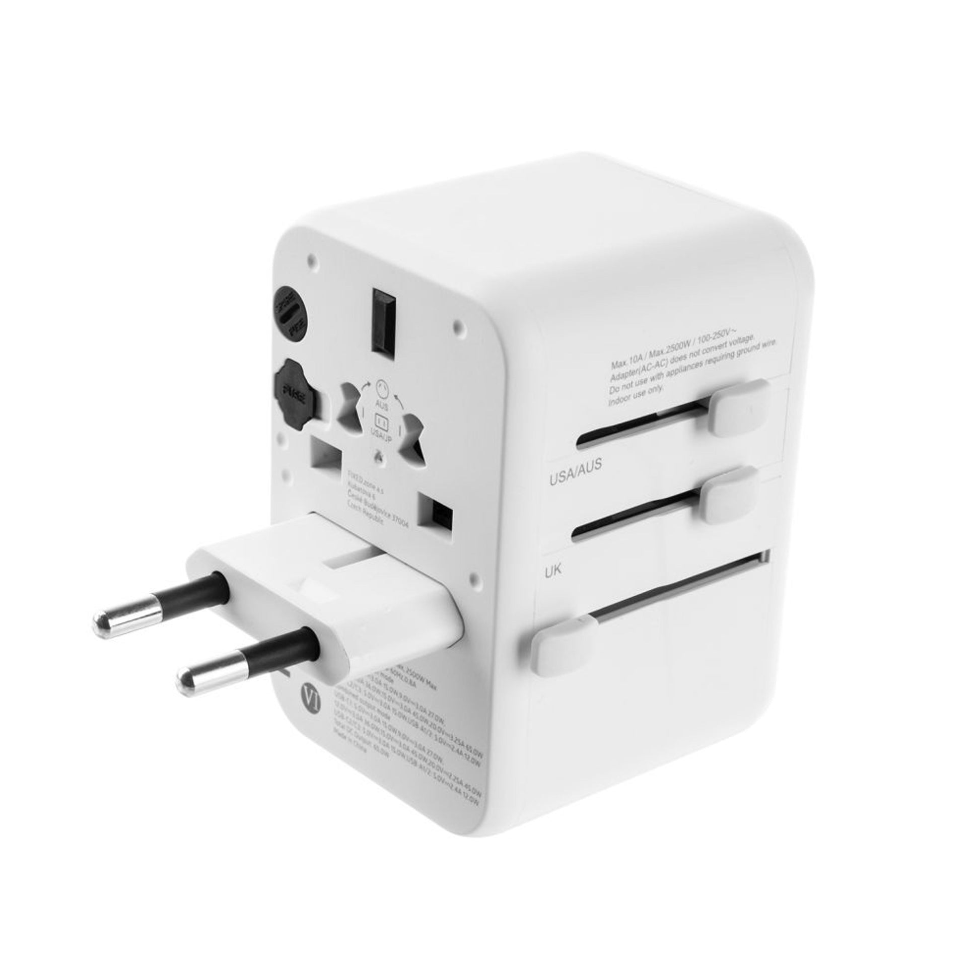 Cestovní adaptér FIXED pro EU, UK a USA/AUS, s 3xUSB-C a 2xUSB výstupem, GaN, PD 65W, bílý,rozbaleno - FIXED