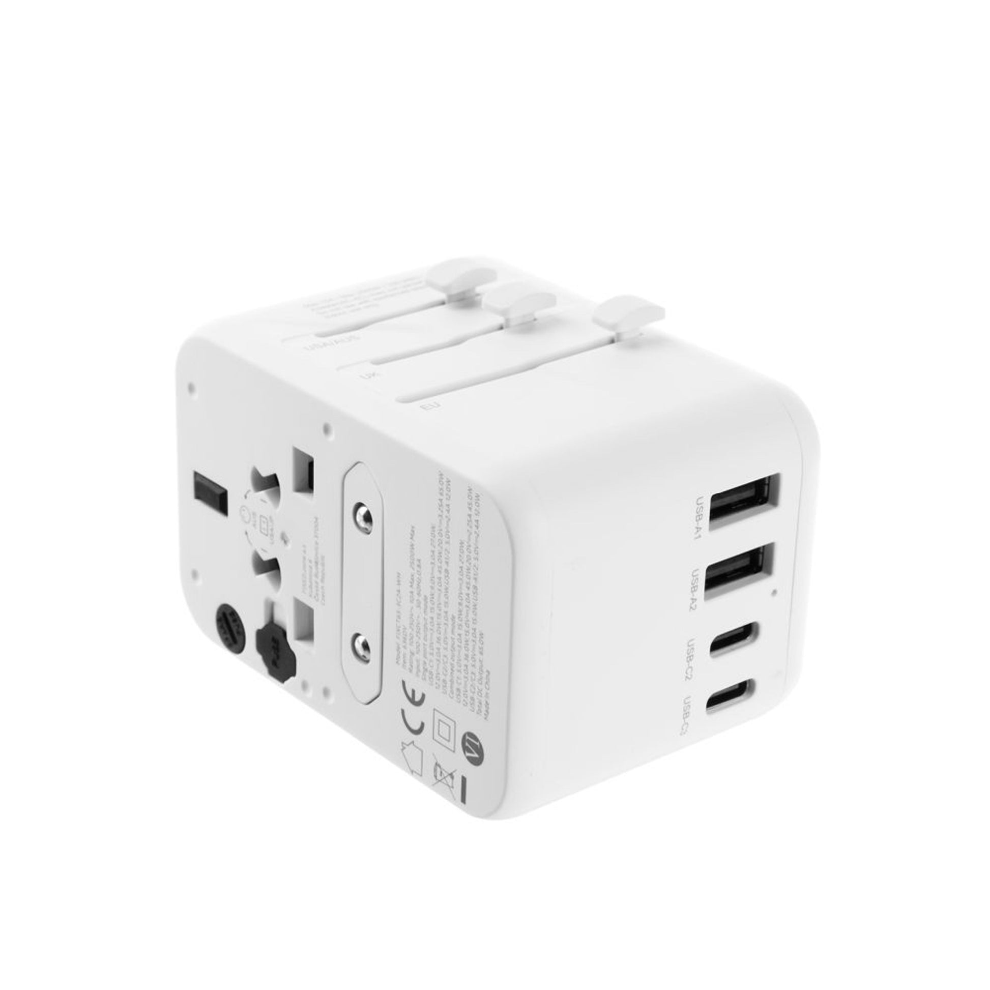 Cestovní adaptér FIXED pro EU, UK a USA/AUS, s 3xUSB-C a 2xUSB výstupem, GaN, PD 65W, bílý,rozbaleno - FIXED