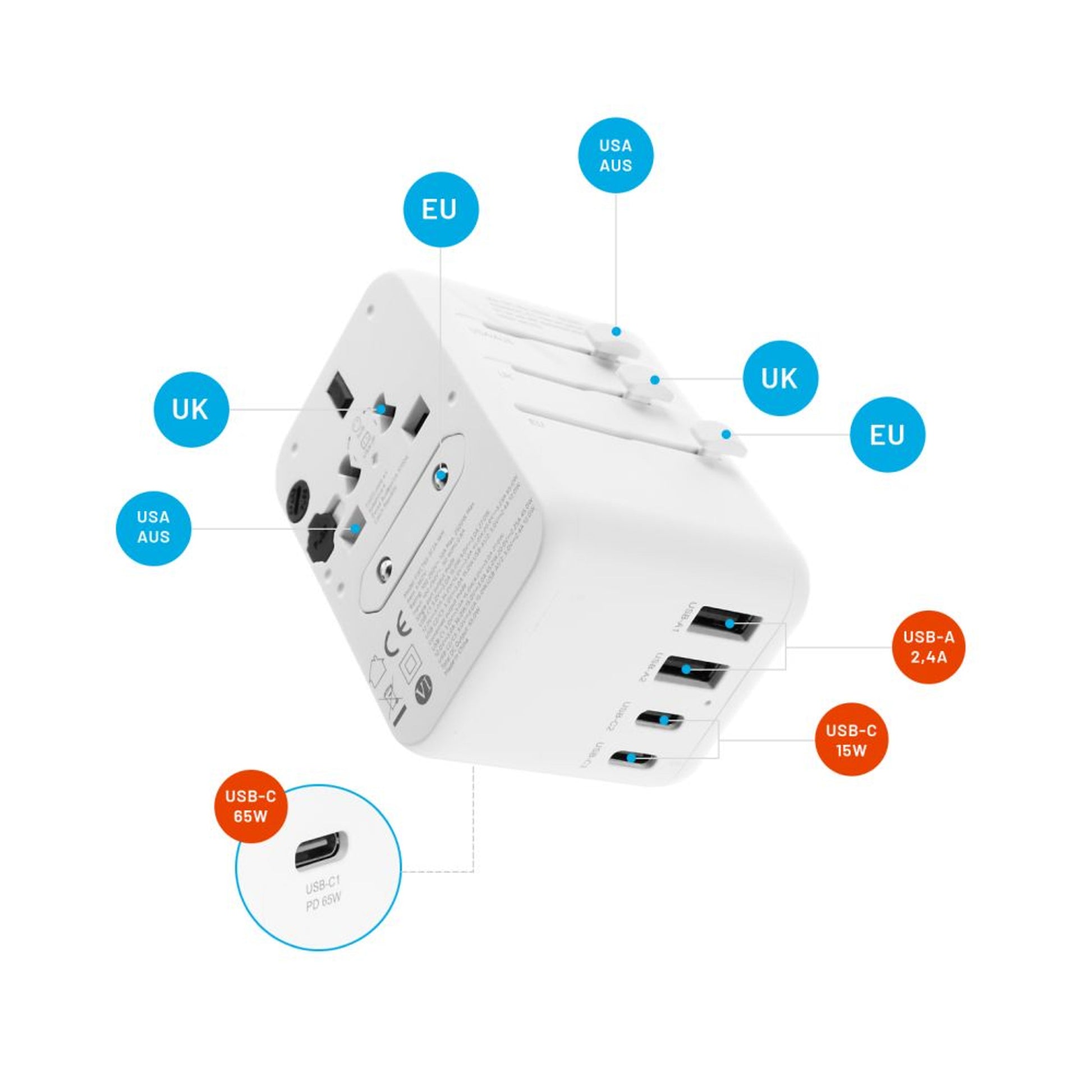 Cestovní adaptér FIXED pro EU, UK a USA/AUS, s 3xUSB-C a 2xUSB výstupem, GaN, PD 65W, bílý,rozbaleno - FIXED