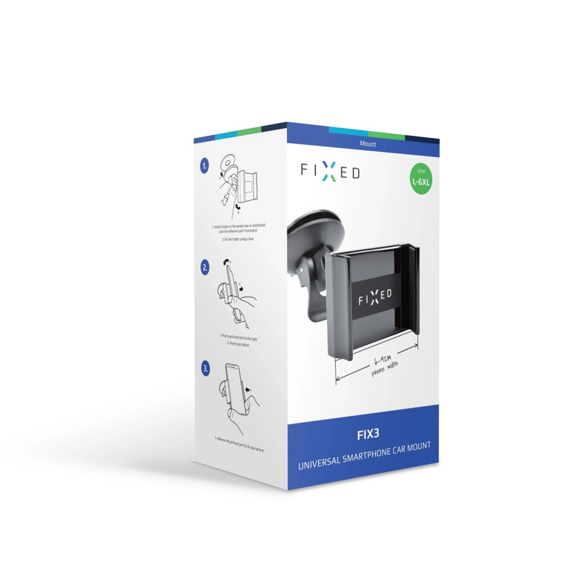 Univerzální držák FIXED FIX3 s adhesivní přísavkou, pro smartphony větších rozměrů o šířce 6-9 cm,rozbaleno - FIXED