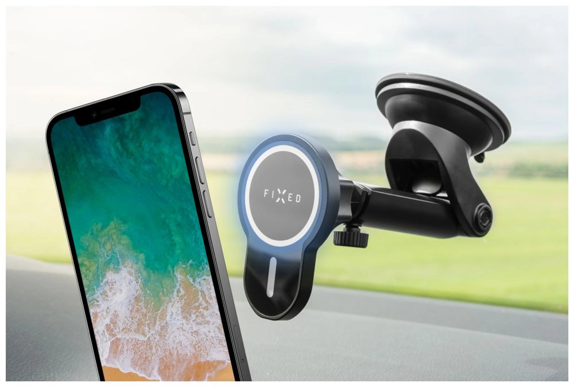 Držák s bezdrátovým nabíjením FIXED MagClick XL s podporou uchycení MagSafe, na sklo/palubní desku, 15W, černý, rozbaleno - FIXED