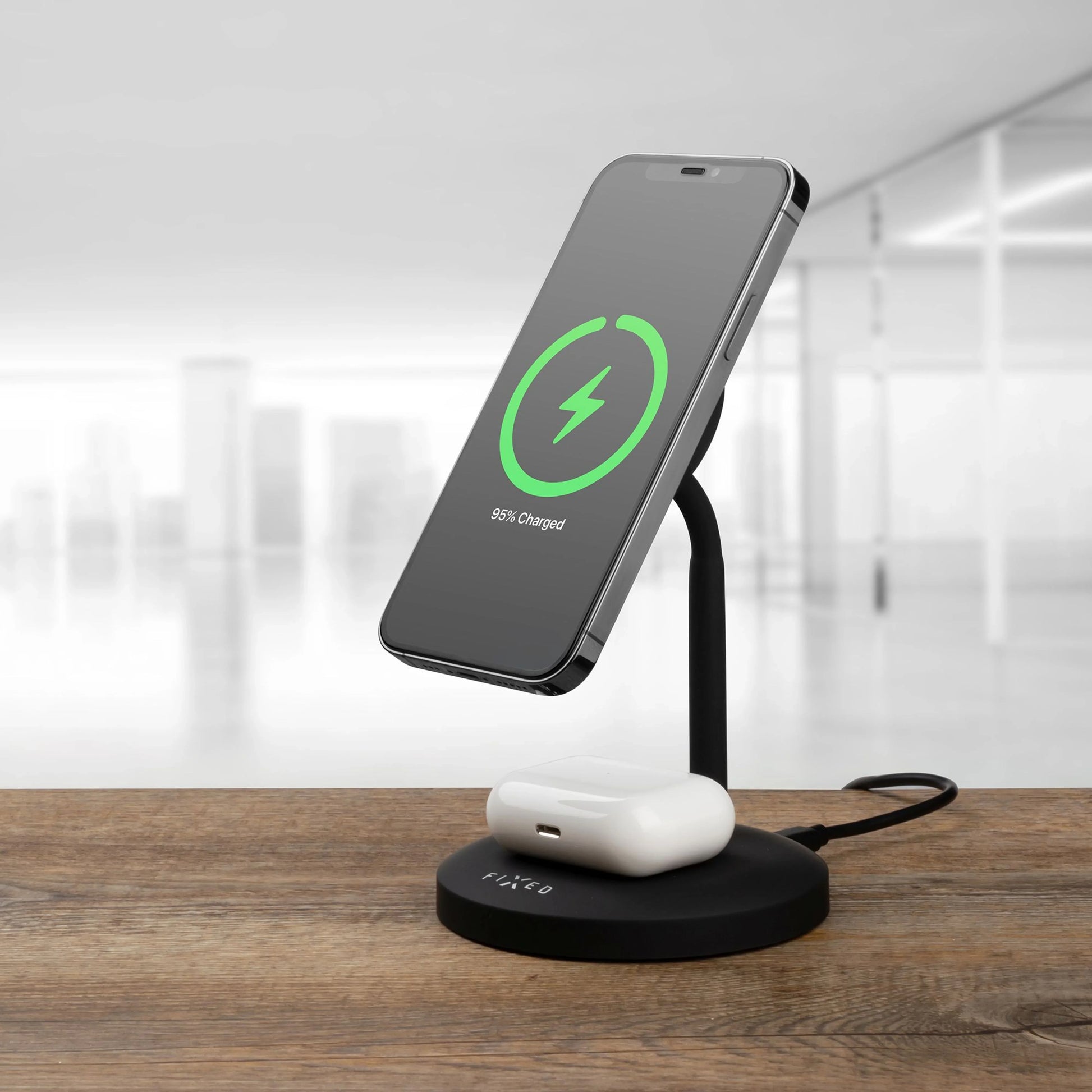 Stojánek s bezdrátovým nabíjením 2v1 FIXED MagStand s podporou uchycení MagSafe, 15W+5W, černý,rozbaleno - FIXED