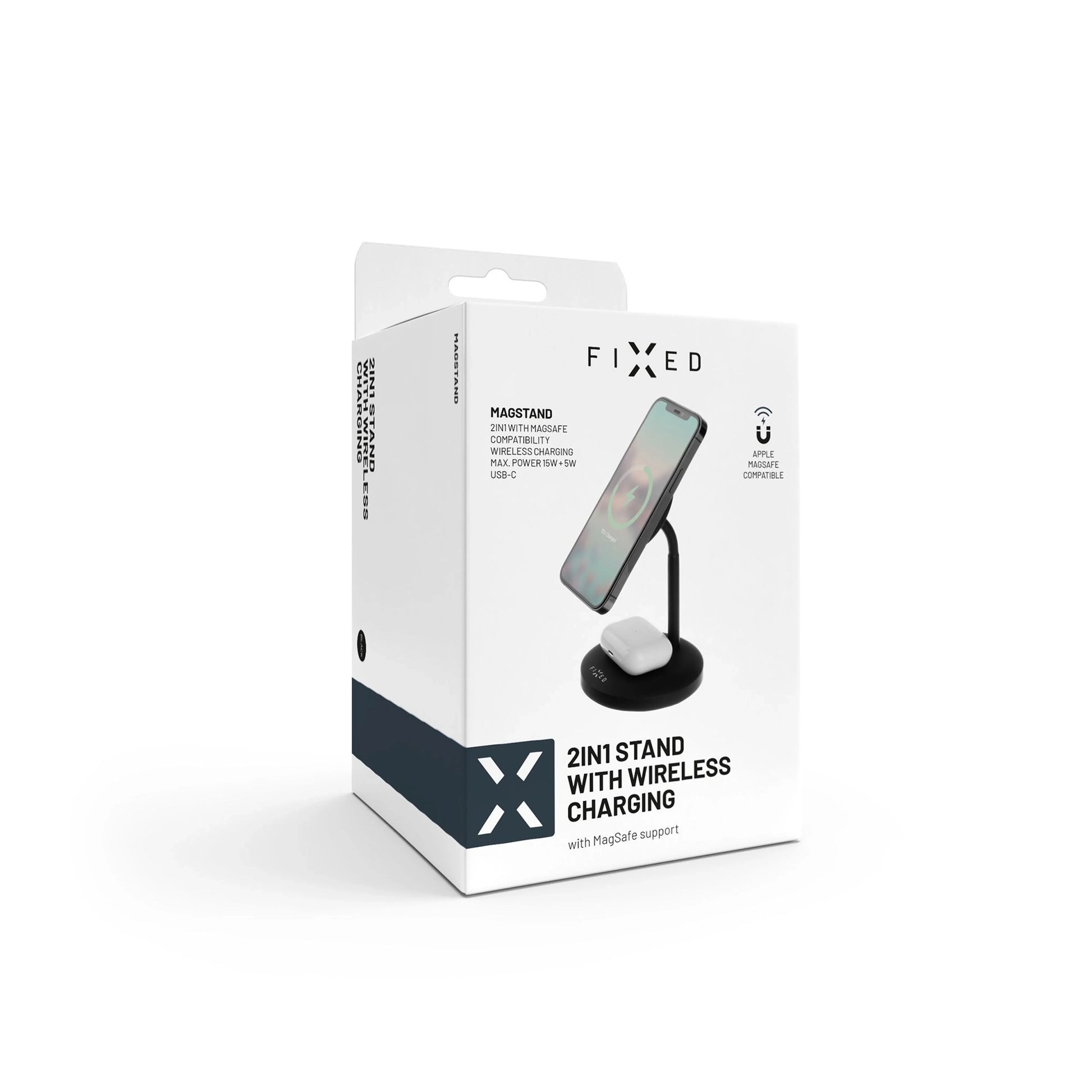 Stojánek s bezdrátovým nabíjením 2v1 FIXED MagStand s podporou uchycení MagSafe, 15W+5W, černý,rozbaleno - FIXED