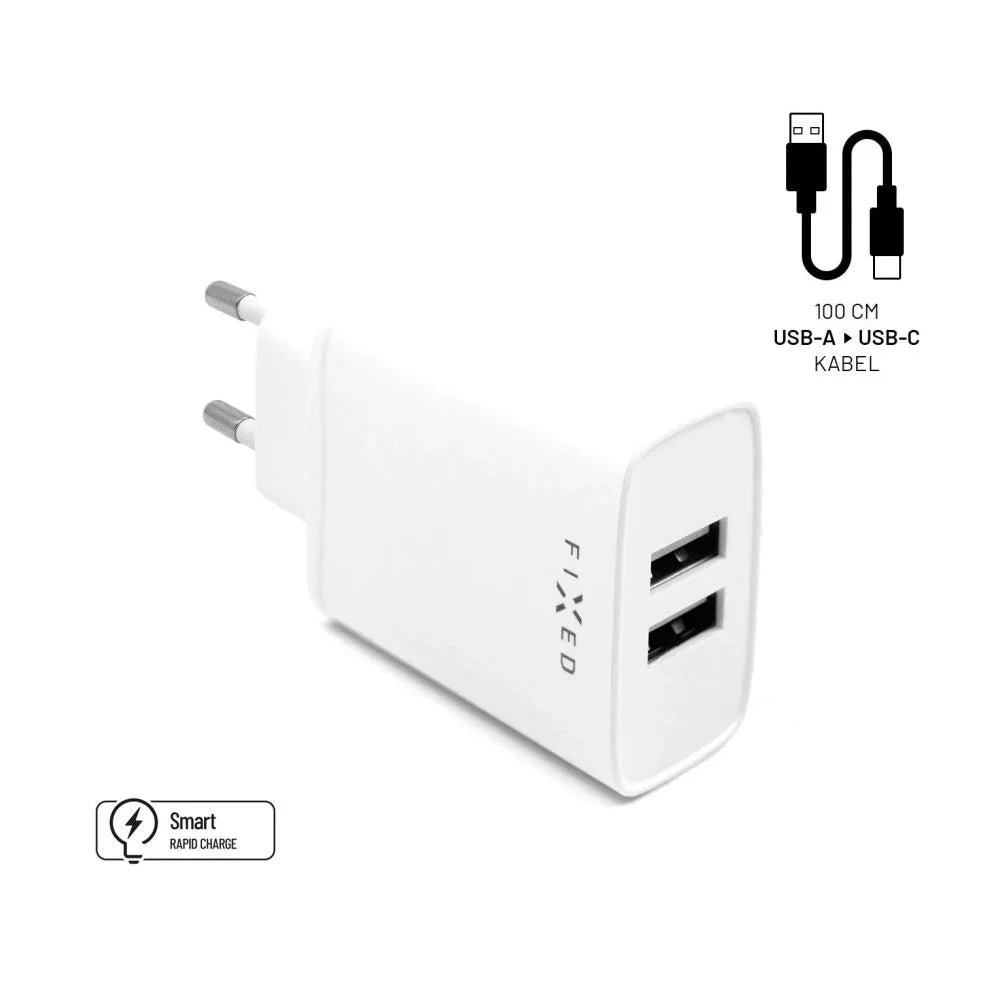 Set síťové nabíječky FIXED s 2xUSB výstupem a USB/Lightning kabelu, 1m, MFI certifikace, 15W Smart Rapid Charge, bílá - FIXED
