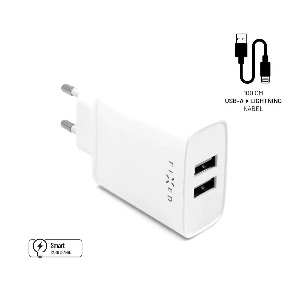 Set síťové nabíječky FIXED s 2xUSB výstupem a USB/Lightning kabelu, 1m, MFI certifikace, 15W Smart Rapid Charge, bílá - FIXED