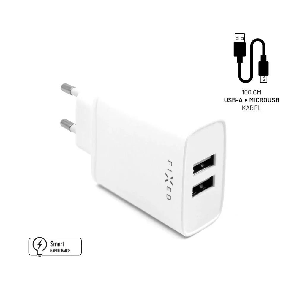 Set síťové nabíječky FIXED s 2xUSB výstupem a USB/Lightning kabelu, 1m, MFI certifikace, 15W Smart Rapid Charge, bílá - FIXED