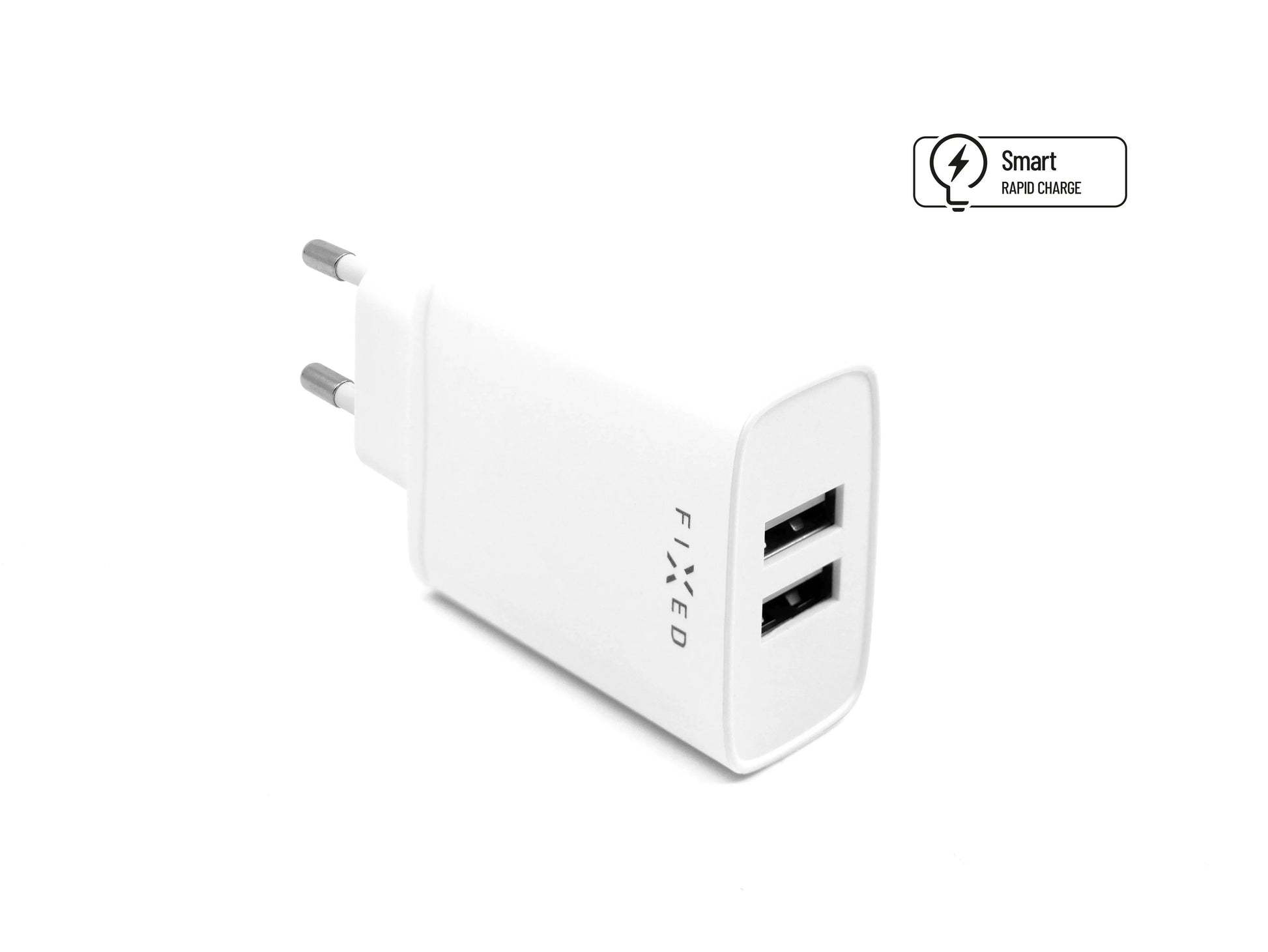 Set síťové nabíječky FIXED s 2xUSB výstupem a USB/Lightning kabelu, 1m, MFI certifikace, 15W Smart Rapid Charge, bílá - FIXED