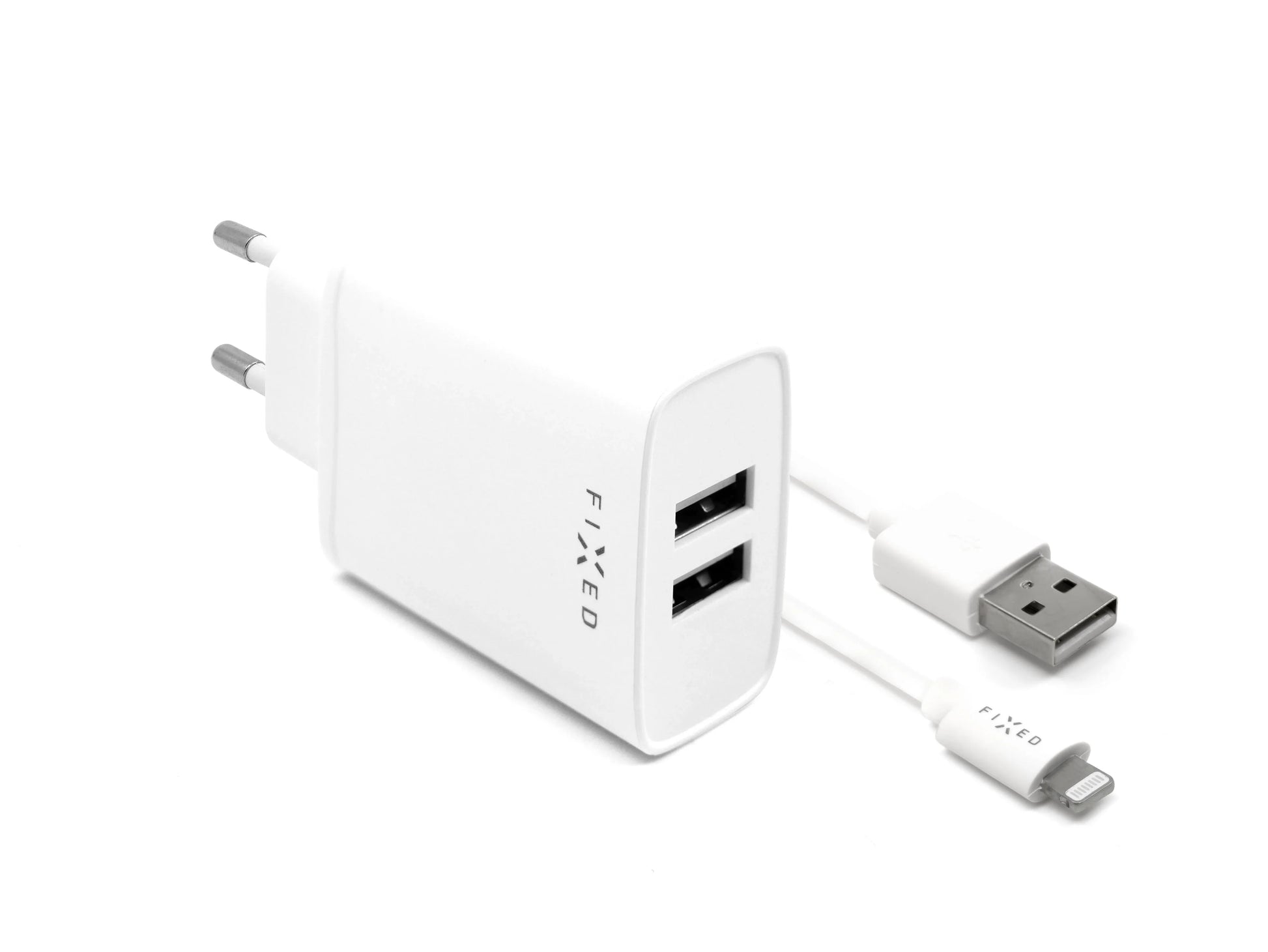 Set síťové nabíječky FIXED s 2xUSB výstupem a USB/Lightning kabelu, 1m, MFI certifikace, 15W Smart Rapid Charge, bílá - FIXED