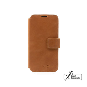 Skórzane etui typu książka FIXED ProFit dla Apple iPhone 17e/16e, brązowe