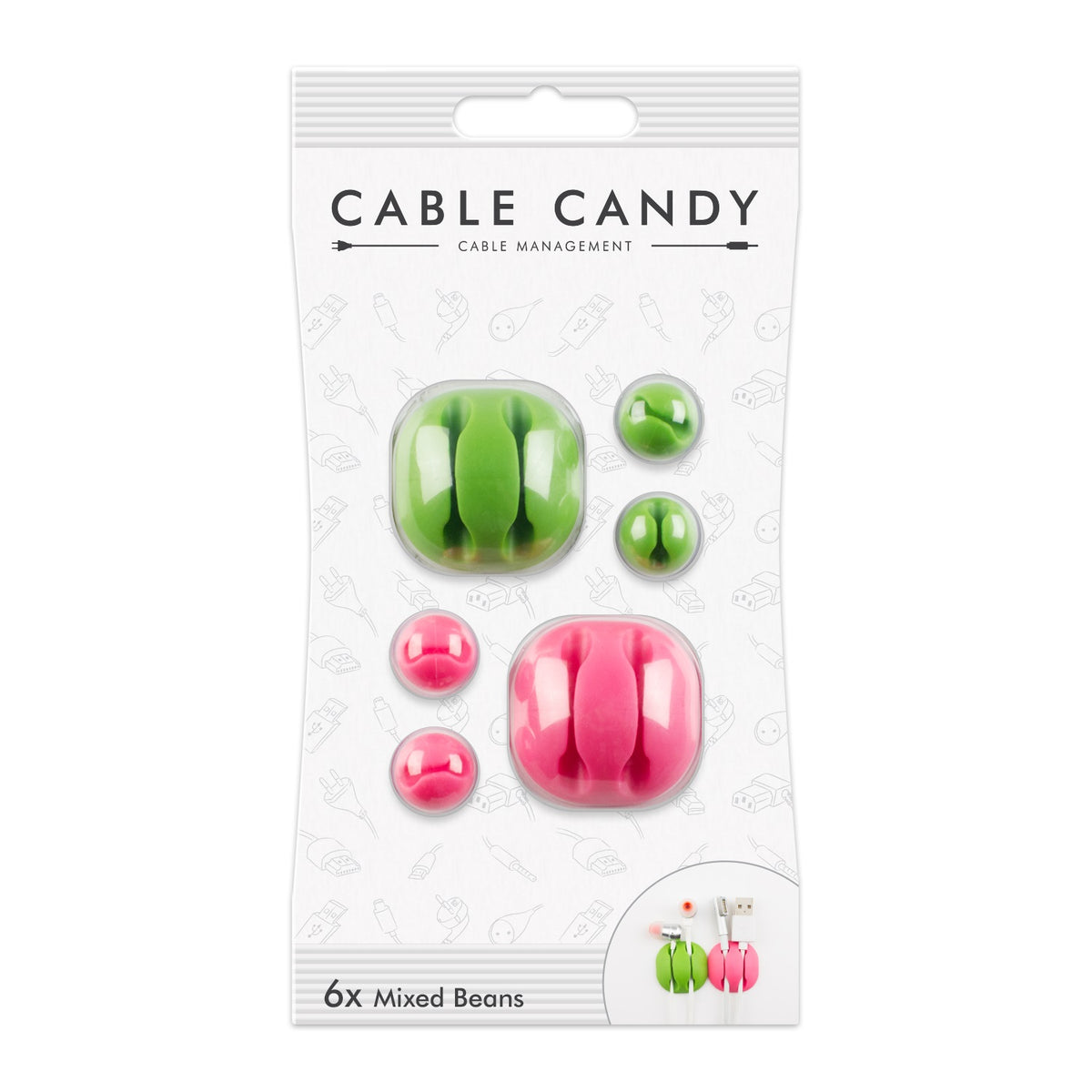 Organizer do kabli Cable Candy Mixed Beans, 6 szt., zielony i różowy