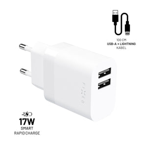 FIXED Dual USB Travel Charger 17W + USB/Lightning Cable, white