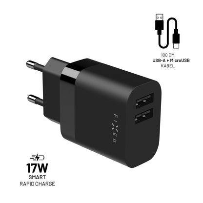 Set sieťovej nabíjačky FIXED s 2xUSB výstupom a USB/micro USB kábla, 1 meter, 17W Smart Rapid Charge, čierna