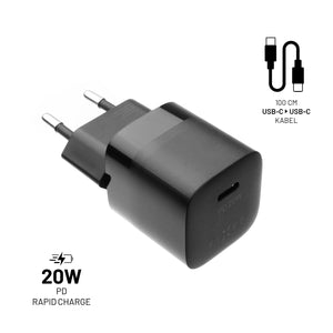 FIXED Mini USB-C Travel Charger 20W + USB-C/USB-C Cable, black