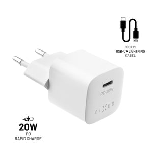 FIXED Mini USB-C Travel Charger 20W+ USB-C/Lightning Cable, white
