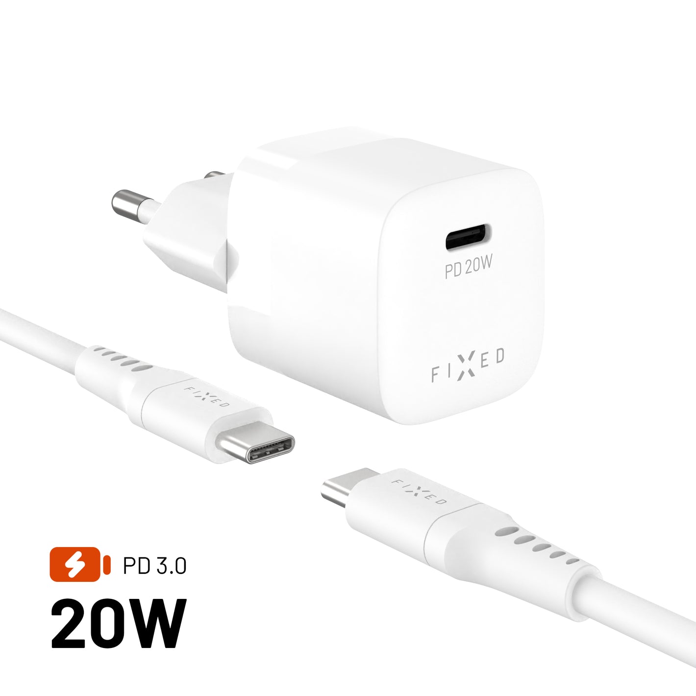 FIXED Mini-Reise-Ladegerät 20W + USB-C/USB-C Kabel, weiß