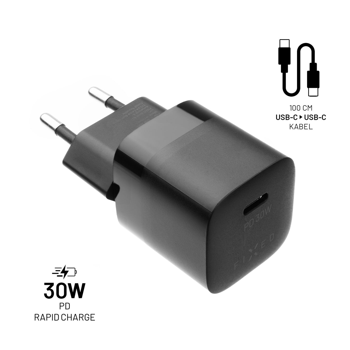 FIXED Mini Ladegerät 30W + USB-C/USB-C Kabel, schwarz