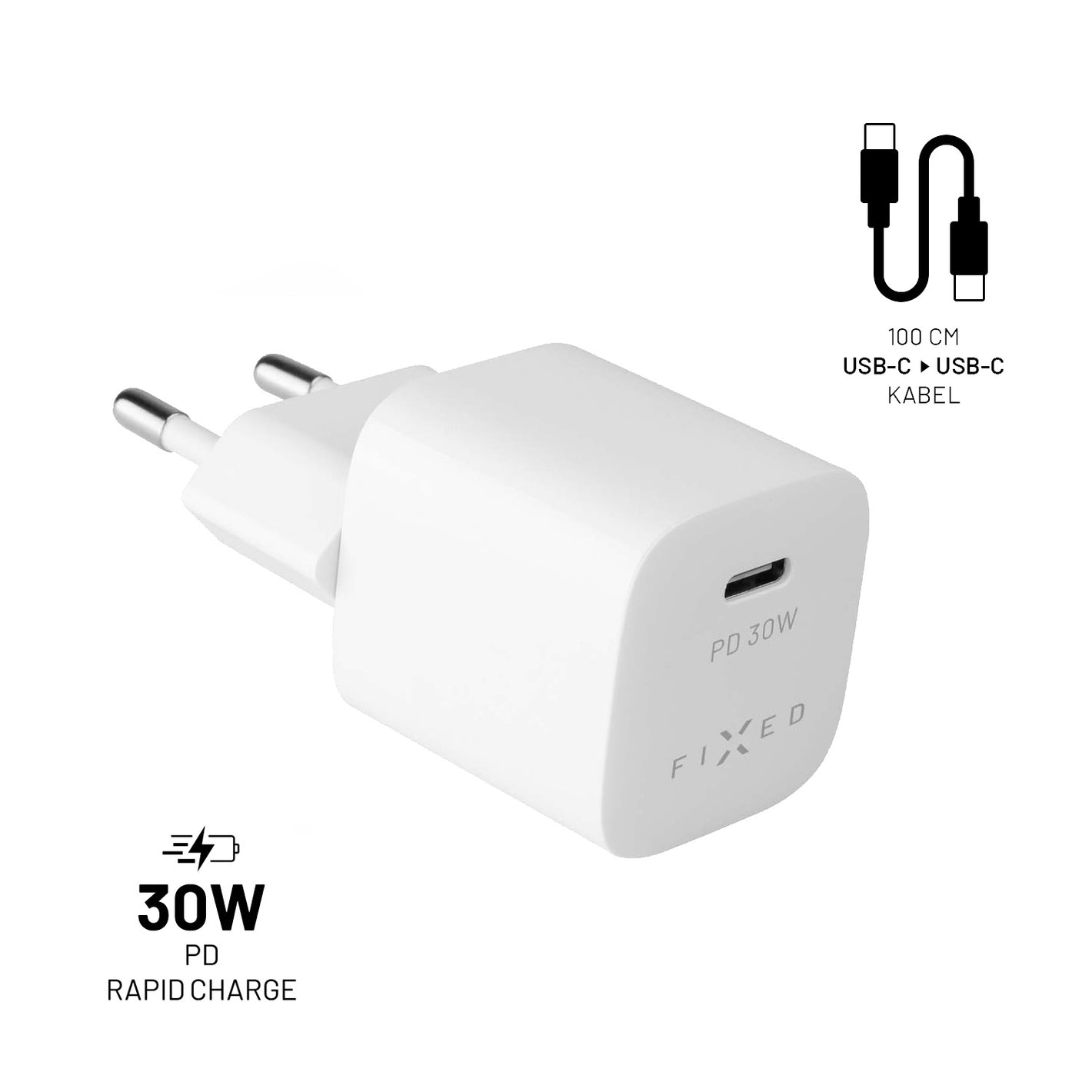 Set sieťovej nabíjačky FIXED Mini s USB-C výstupom a USB-C/USB-C kábla, podpora PD, 1 meter, 30W, biely