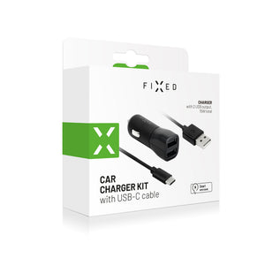 FIXED Set 2xUSB Autoladegerät 15W und USB/USB-C Kabel, schwarz