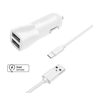 Zestaw ładowarki samochodowej FIXED s wyjście 2xUSB i kabel USB/USB-C, 1 metr, 15W Smart Rapid Charge, biały