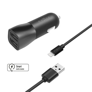 Zestaw ładowarki samochodowej FIXED s wyjście 2xUSB i kabel USB/Lightning, 1 metr, certyfikat MFI, 15W Smart Rapid Charge, czarny