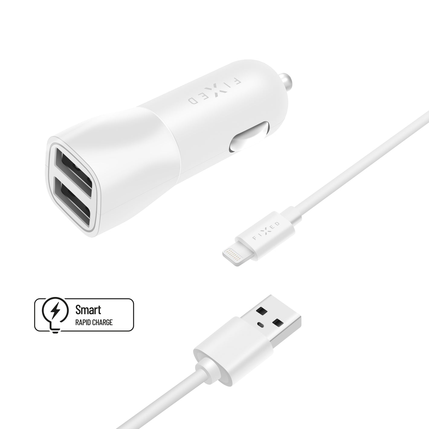 Zestaw ładowarki samochodowej FIXED s wyjście 2xUSB i kabel USB/Lightning, 1 metr, certyfikat MFI, 15W Smart Rapid Charge, biały