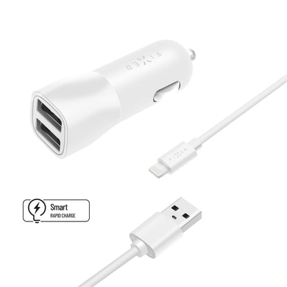 Set autonabíječky FIXED s 2xUSB výstupem a USB/Lightning kabelu, 1 metr, MFI certifikace, 15W Smart Rapid Charge, bílá