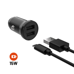 Zestaw ładowarki samochodowej FIXED s wyjście 2xUSB i kabel USB/micro USB, 1 metr, 15W Smart Rapid Charge, czarny