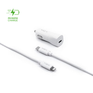 Zestaw ładowarki samochodowej FIXED s Wyjście USB-C i kabel USB-C/Lightning, obsługa PD, 1 metr, MFI, 18W, biały