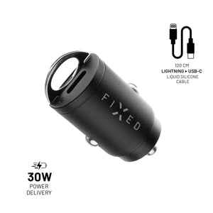 Zestaw ładowarki samochodowej FIXED s wyjście 2xUSB-C i kabel USB-C/Lightning, obsługa PD, 1,2 metra, MFI, 30W, czarny