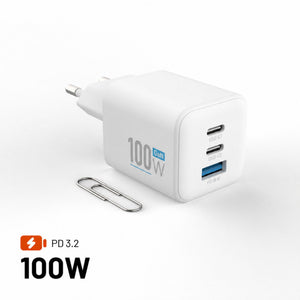 Síťová GaN nabíječka FIXED Mini s 2xUSB-C a USB výstupem, podpora PD, 100W, bílá