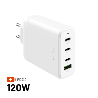 Síťová GaN nabíječka FIXED s 3xUSB-C a USB výstupem, podpora PD 3.0, 120W, bílá