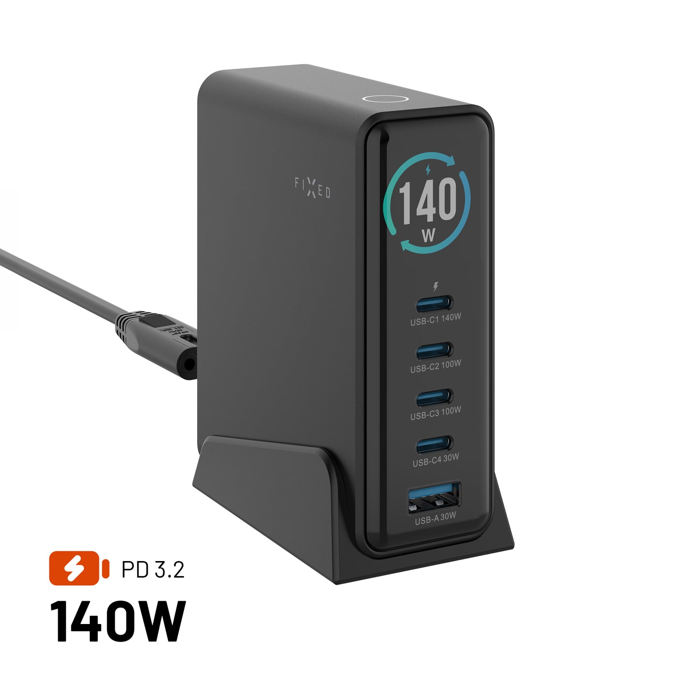 GaN-Dockingstation mit festem Display, 4x USB-C und USB, PD 3.2, 140 W, schwarz