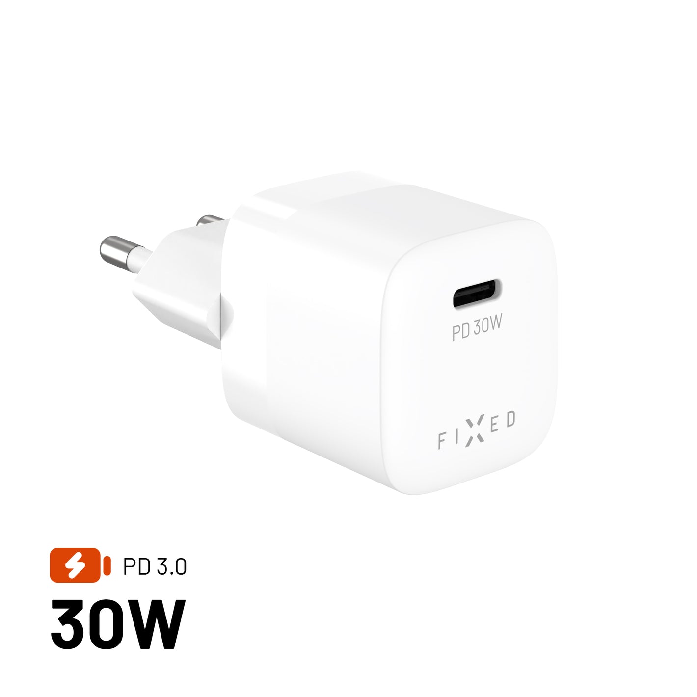 Síťová GaN nabíječka FIXED Mini s USB-C výstupem a podporou PD, 30W, bílá